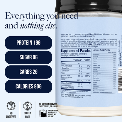 Chocolate Collagen Peptides with Hyaluronic Acid - Chocolate Advanced Collagen Peptides for Smooth Drinks, Coffee and Recipes